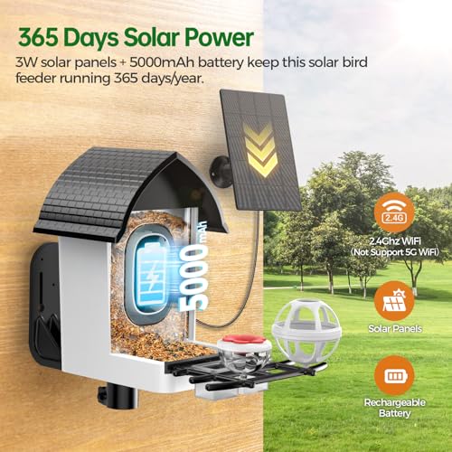 Bird Feeder with Camera - 2K HD Live View, AI Identification & Instant Alerts, Weatherproof for Outdoors, 2.4GHz WiFi Solar Powered Smart Feeder for Bird Lovers
