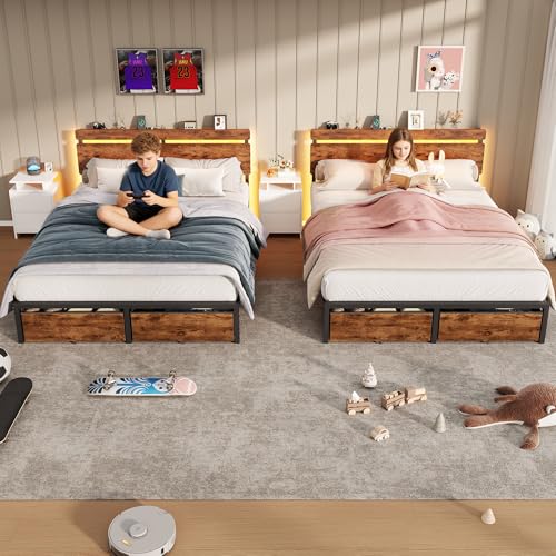 Image of Forestell Full Size Bed Frame with Wood Headboard, Metal Platform Bed with 2 Storage Drawers & Shelf, Built in Charging Station & LED Lights, No Box Spring Needed, Vintage Brown, Camas Full