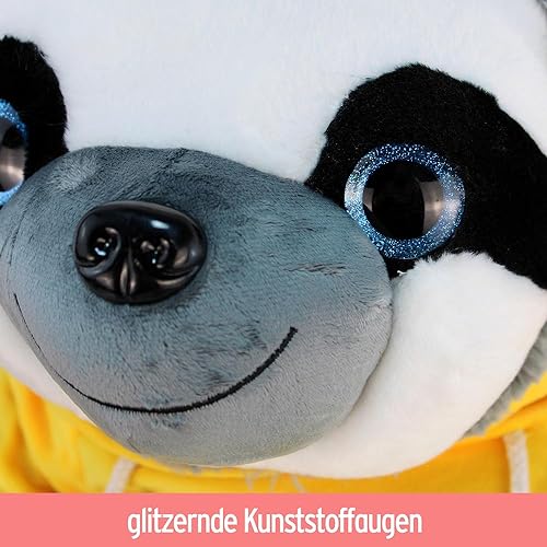 BEMIRO Faultier Kuscheltier XXL gelb Keep Smiling - 100 cm, Faultier Kuscheltier mit Pulli, Kletthände zum anhängen, Plüschtier mit Hoodie