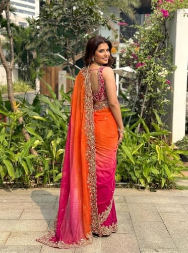 Image of ORHANS Women's Organza Silk Saree with Unstitched Blouse Piece Heavy Embroidery Work and Floral Pattern | Womens Sarees for Weddings | Party and Festivals Sari for Woman | Silk Saree