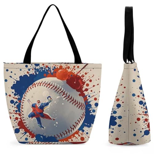 Baseball Splatter Style Tote Bag for Women Cosmetic Bag with Zipper, Reusable Wide Opening Handbag for Work, Travel