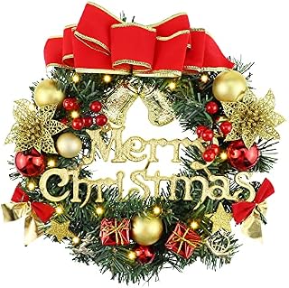 YPLonon Christmas Wreaths for Front Door 30cm Christmas Wreath with Lights Door Garland Decorations with baubles Bowknot Artificial Pine Garland for Indoor Outdoor Christmas Tree Hanging Decoration