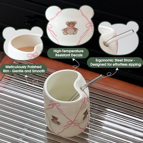 Taza de cerámica rosa con pajilla 12oz diseño oso miniatura 3