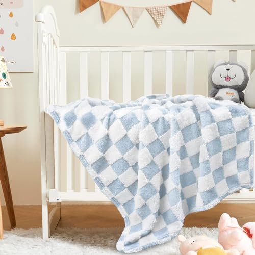 Image of HOMRITAR Baby Blue Checkerboard Baby Blanket for Boys Girls Fluffy Fleece | Soft Plush Warm Throw Blanket for Infant Toddler Shower Gift Nursery Crib Bed Stroller All Season 30 x 40 Inch