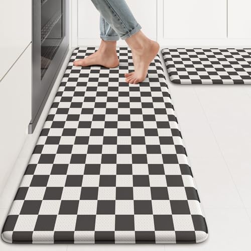 KIMODE Anti Fatigue Kitchen Mat for Floor, 17"x47"+17"x29" Checkered Kitchen Rugs Sets of 2, Kitchen Floor Mats Non-Slip, Cushioned Standing Desk mat for Sink Laundry Office Black and White