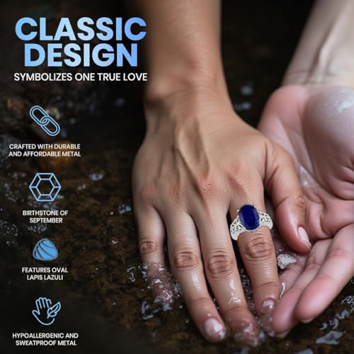 Shop LC Blue Lapis Lazuli Ring - Birthstone Rings for Women in Stainless Steel - Statement Promise Gemstone Jewelry Birthday Gifts for Womens4