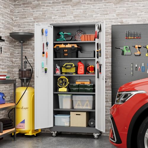 Image of Aobabo Upgraded Garage Storage Cabinets with Wheels,Metal Storage Cabinets with 5 Adjustable Shelves for Garage Home Office Storage, Grey&White,71''H*32''W*16''D,Assembly Required