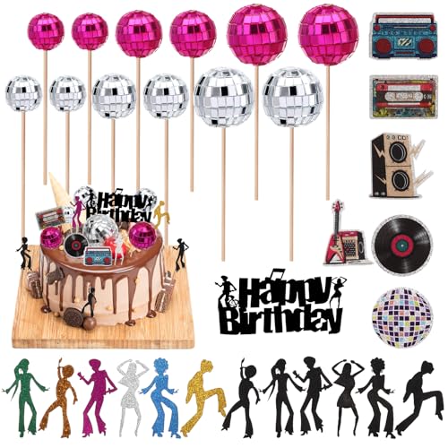 Draupnir 31 peças decoração para bolos discoteca, Cupcakes disco bola decoração, Happy Birthday Cake Topper para decoração de festas temática de música disco de anos 70
