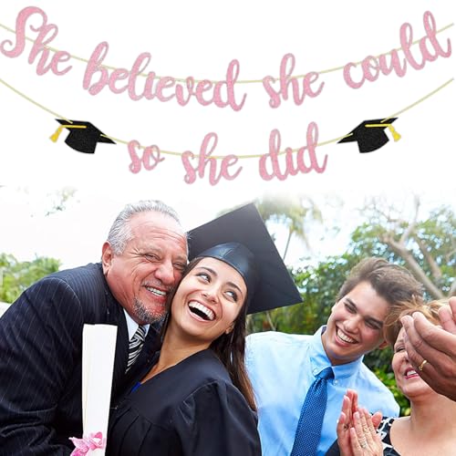 Image of JUESMOS She Believed She Could So She Did Banner Decorations for Graduation Party Women Girls Graduation Banners Pink Glitter Garland for Congratulation Grad Party Supplies School Home Car Decorations