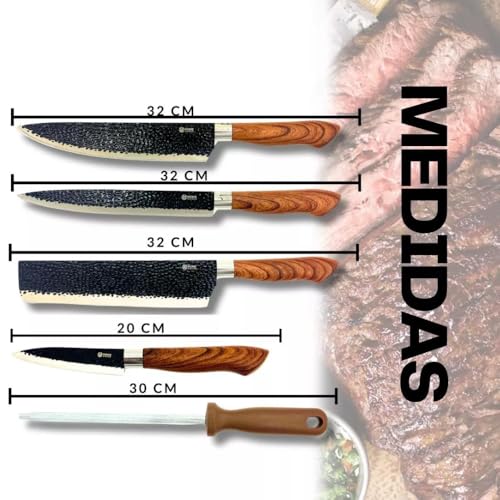 Conjunto de Facas Amadeirado Lâmina Aço Inox Premium 08 Peças Jogo de Facas Gourmet Corte Navalha An