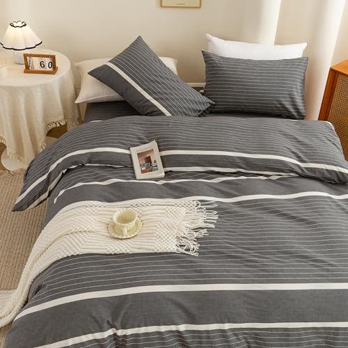 Image of ECOCOTT Grey Striped Duvet Cover Oversized King Size, 100% Washed Cotton 3-Piece Bedding Set - Ultra Soft, Breathable & Easy Care with Zipper Closure and 2 Pillowcases, No Comforter
