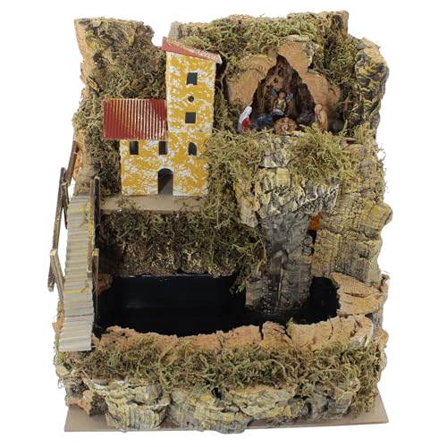 Moranduzzo Pueblo para belén con cascada a chorro, velo para estatuas de 10 cm – Ambientación rústica artesanal, 24 x 21 x 26 cm – Hecho a mano, producto oficial Made in Italy