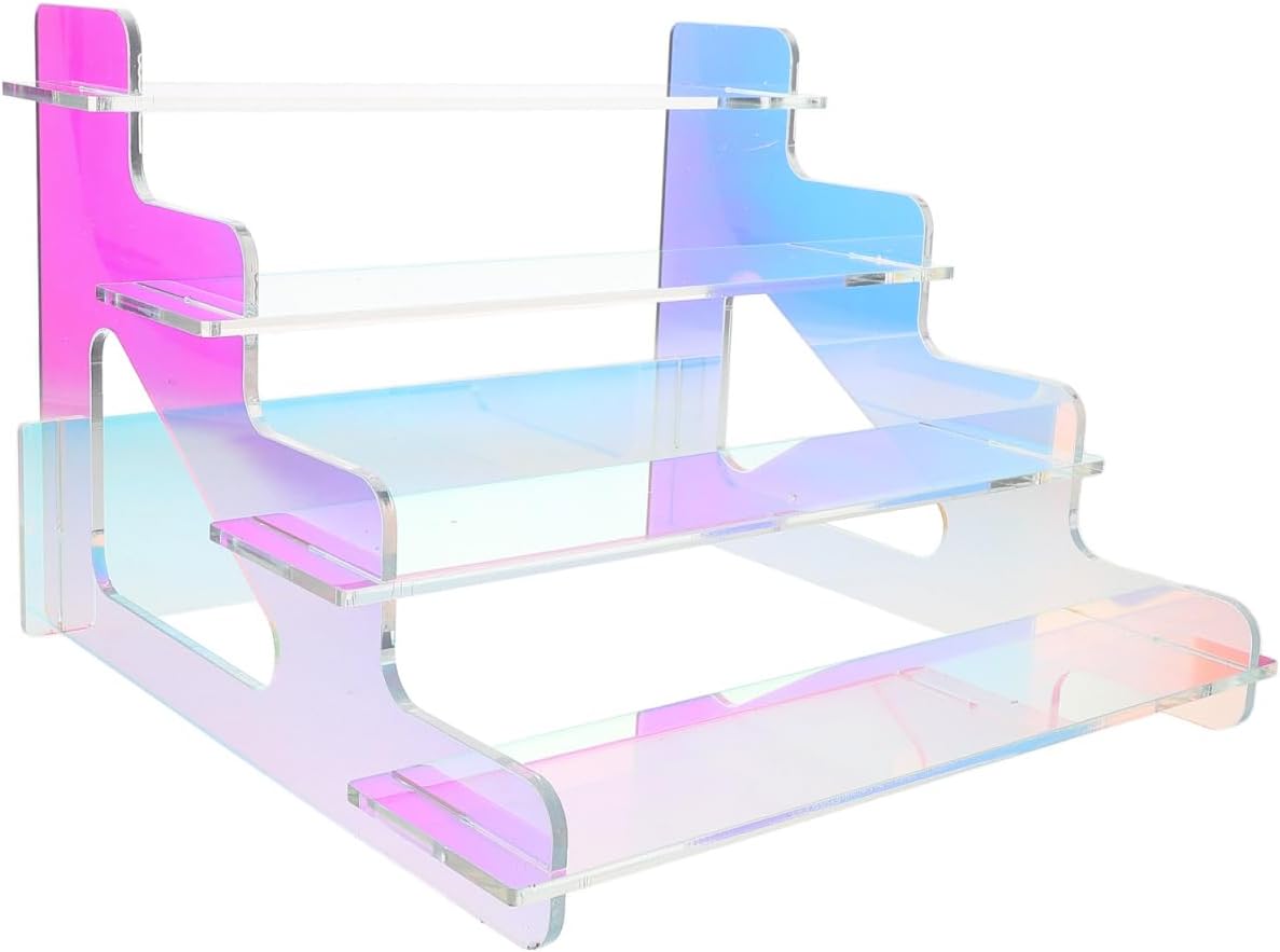 FAVOMOTO Iridescent Acrylic Display Risers Stand for Perfume Organizer Figure Display Cupcake Dessert Shelf Space-saving Desktop Ladder Shelf for Home Store and Exhibition Use