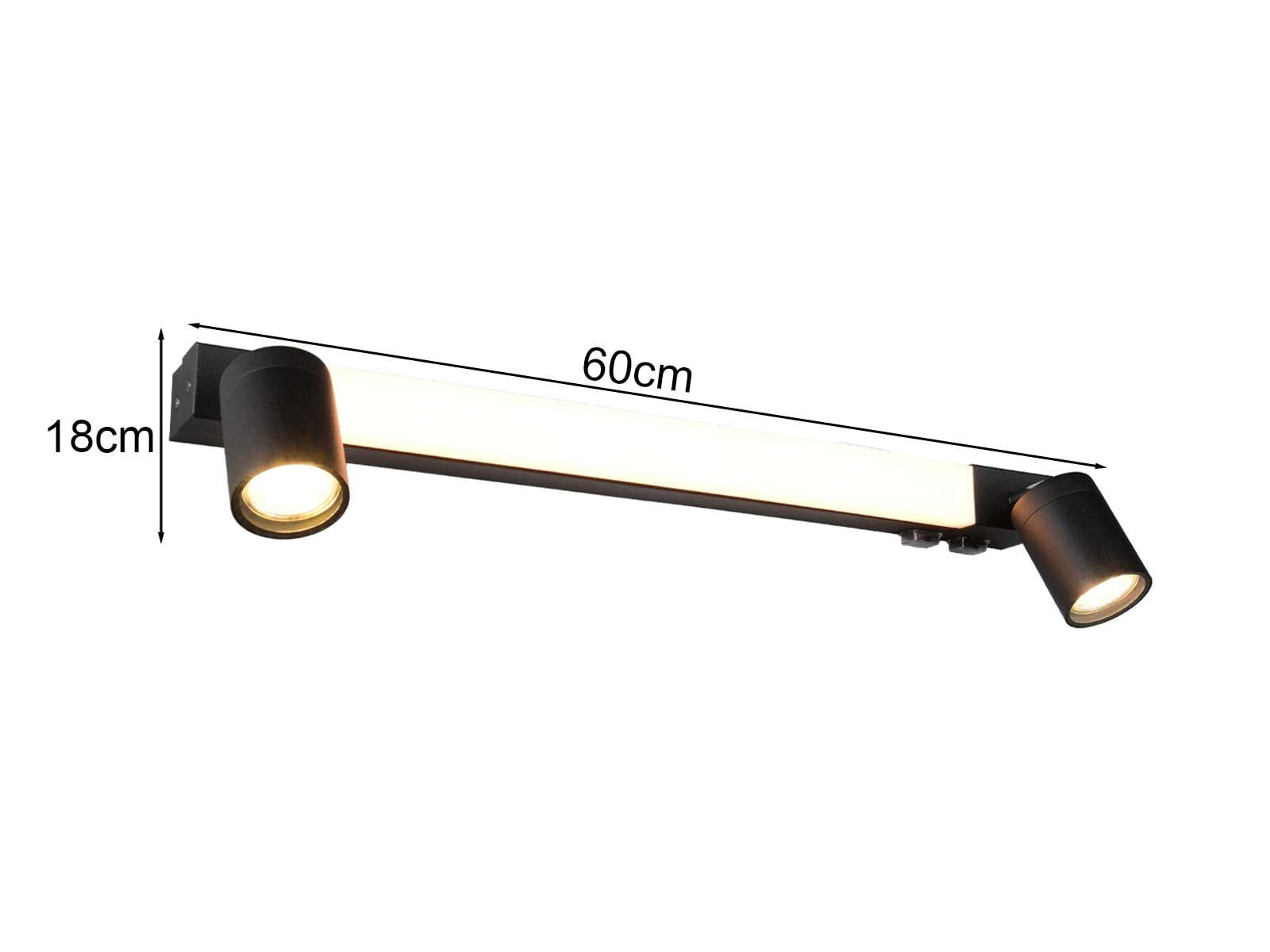 Lampada da specchio da bagno con 2 faretti e interruttore, colore nero, larghezza 60 cm