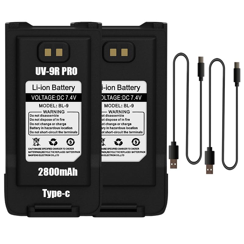 BAOFENG 2Pack UV-9R Pro Original Battery 2800mAh USB-C Charging Upgraded UV9R Pro BL-9 Li-Ion Battery for UV-9R Radio UV-9R Plus GMRS-9R BF-T57 Walkie Talkie Accessories with 2Pack USB-C Cable