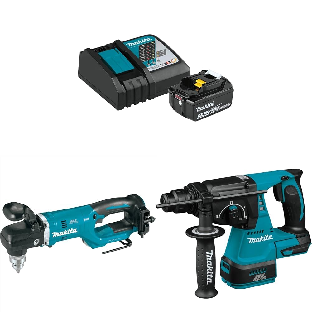 Makita 18V LXT Brushless 1/2" Right Angle Drill &amp; 1" SDS-Plus Rotary Hammer With Battery and Charger Starter Pack (5.0Ah)