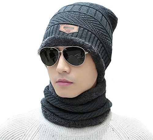 A prueba de nieve interior de lana de piel para hombres y mujeres, gorro con calentador de cuello, gorro de punto grueso con forro polar para