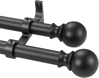 Double Window Curtain Rods, 1Inch Back and Front Rod, 72-144” Adjustable Length, With Same Size Round Finials Dual Curtain Rod, Matte Black