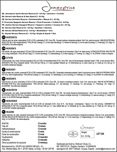 Jamonprive Serrano Schinken Reserva + Schinkenhalter + Messer 6.2 - 6.8 Kg - Spanischer Schinken