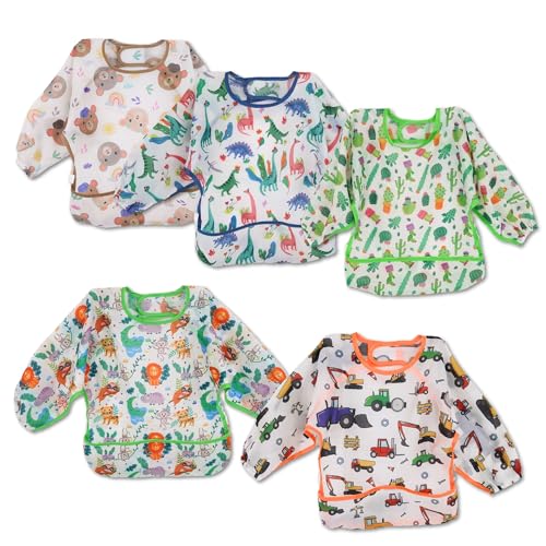 Ph Pro Heat Pack 5 Baberos Bebe Impermeables con Mangas - Babero Manga Larga Ajustable y Resistente para Comidas – Bebete Impermeavel Bebe.