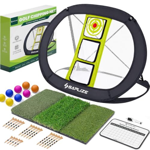 SAPLIZE Golf Chipping Net Set with Tri-Turf Mat Foam Balls Tees and Scoreboard Indoor Outdoor Garden Practice Kit Portable Short Game Trainer for Dad