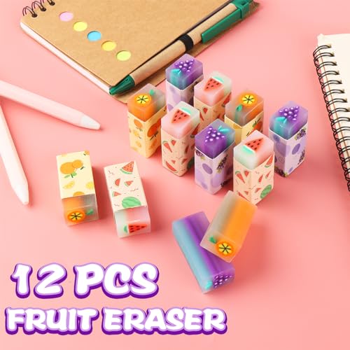 Abeillo 12Pcs Cute Erasers for Kids Fun Fruit Shaped Erasers Scented Pencil Rubber Eraser Classroom Students Reward School Supplies Prize Gifts Party Favors - Image 2