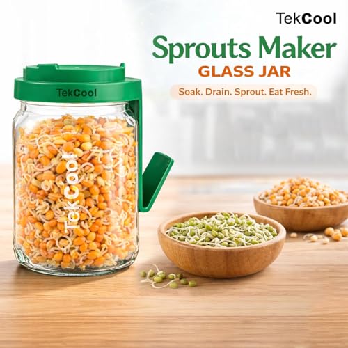 Image of TEKCOOL Sprouts Maker Glass Jar - 720ml Durable & Reusable Sprouter for All Seeds and Beans, BPA-Free with 300-Hole Mesh Lid for Airflow, Odor-Free, Easy Drainage, and Hygienic Glass Design - Green'