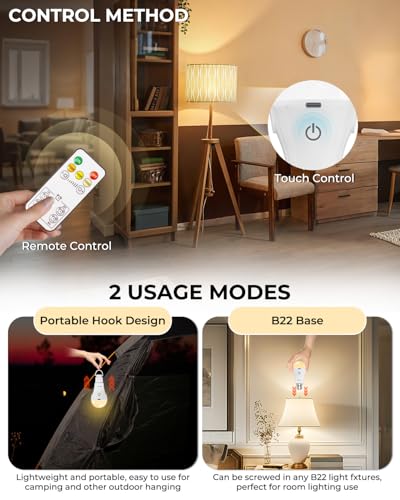 Image of B22 Rechargeable Light Bulb with Remote Control, 3 Color & Dimmable, USB Rechargeable Emergency Light, 2600mAh Battery Up to 24H - No Wiring Needed for Power Cuts, Camping, Stairs(A60, 2 PK)