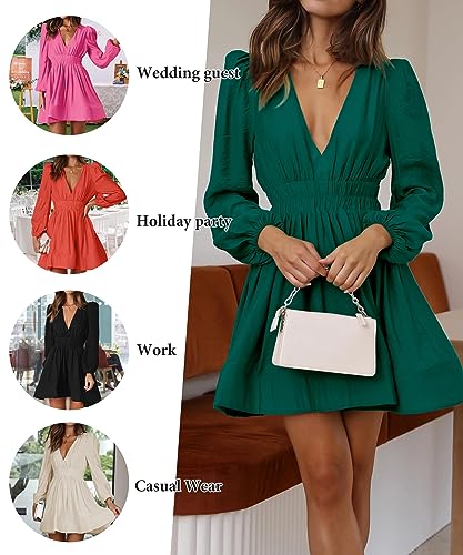 Faiable Mini Dress Deep V Sexy Dress Long Sleeve Dress For Women A-Line High Waisted Casual Flowy Dress Black thumb #1