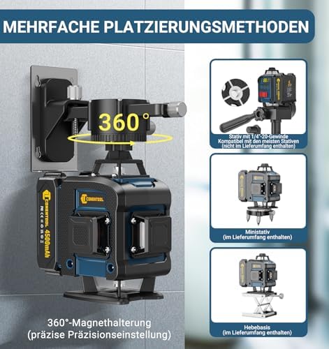 Bild 5 - Kreuzlinienlaser 16-Linien, 4x360Grad Laser Wasserwaage Selbstnivellierend Drehbar bis zu 30 Stunden, Baulaser Kreuzlaser Linienlaser Vertikale und Horizontale Laser mit 2x4500mAh Akkus