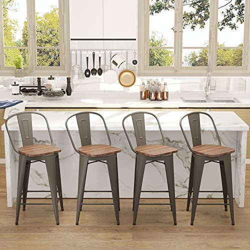 Image of Aklaus Swivel Metal Bar Stools with Backs Counter Stools Set of 4 Counter Height Stools High Back Bar Chairs 26 Inch Barstools Farmhouse Rusty