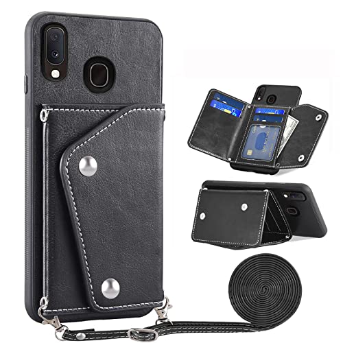 Asuwish Phone Case for Samsung Galaxy A20 A30 Wallet Cover with Tempered Glass Screen Protector and Card Holder Crossbody Strap Stand Leather Cell Accessories M10s A 30 20A SM A205G Women Black