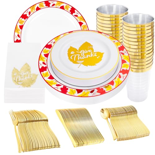 Supernal 200pcs Dinnerware Set with Gold Maple Leaf Design Plastic Cutlery Cups Napkins for Thanksgiving Party Deco