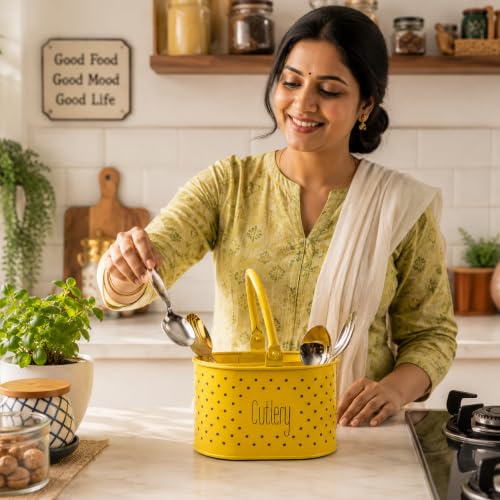 Image of MARKET 99 Yellow Polka Dot Metal Cutlery Holder | Oval Glossy Cutlery Stand for Kitchen | Knife, Fork & Spoon Organizer | Multipurpose Tabletop for Dining Table, Office Desk & Countertop