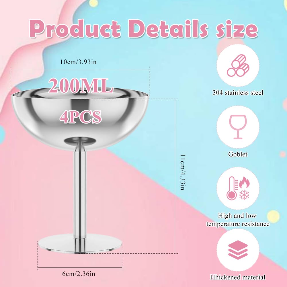4 bicchieri per gelato, in acciaio inox, da dessert da cocktail, da dessert con piedini, da dessert, da gelato, per insalata, yogurt e budino di frutta per matrimoni, feste