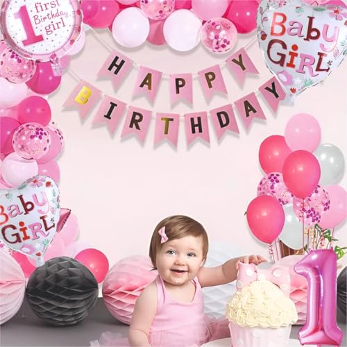 Image of Baby Girl 1st Happy Birthday Foil Balloon Set - 86 Pcs Party Decorations and Celebrations | Happy Birthday Decoration kit | Perfect for Creating a Memorable and Beautiful Party Atmosphere
