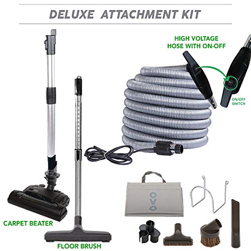 OVO PAK70CD-35 Vacuum System-Heavy Duty Central Vac with Hybrid Filtration-35L or 9.25Gal-700 Airwatts Power Unit, 35ft Switch Control Carpet Deluxe Attachment Accessory Kit, Silver