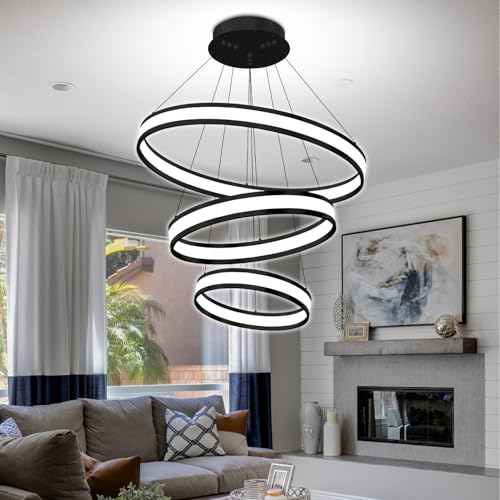 IDEQUY Modern Led Ring Chandelier, Dimmable LED Acrylic Pendant Lighting, Adjustable Black Chandelier for Dining Living Room Bedroom Kitchen (3 Rings, 90W, Φ31.5+23.6"+15.7'') by IDEQUY - Used condition - US$143.79