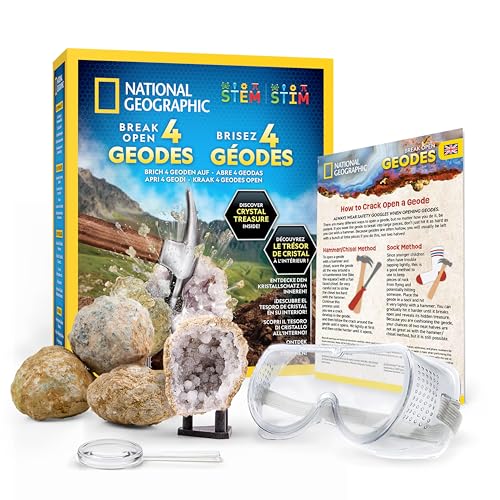 National Geographic Kit de Géodes à Casser – Inclut Lunettes de Protection & Support d’Exposition – Cadeau Scientifique STEM pour Enfants, Casse tes Propres Géodes