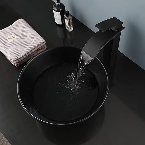 Miniatura 5 de Fregadero de baño de cerámica negra de 13 pulgadas con grifo mezclador, cuenco redondo para fregadero de baño con grifo de cascada y drenaje