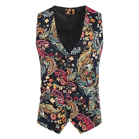 HULKAY Mens Cotton Linen Vintage Paisley Floral Print Suit Vest Dashiki Sleeveless Business Waistcoat for Wedding Party(Black,XXL) Cover