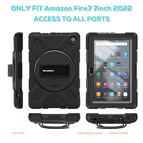 Braecn Kindle Fire 7 Tablet Case 2022 12Th Generation ,Heavy Duty Shockproof Protective Case With Rotating Hand Strap,Carrying Shoulder Strap/Kickstand For Amazon Fire 7 2022 Tablet - Black #TOP5