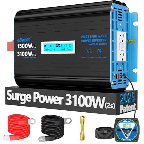 GIANDEL 1500 Watt Pure Sine Wave Power Inverter, 12V DC to 120V AC,3100W Max,GFCI...