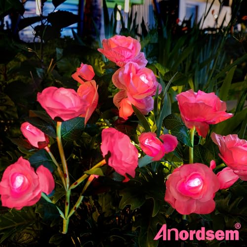Image of Anordsem Solar Garden Lights Outdoor: Waterproof Fabric Roses - Red LED Flower Decorations for Yard Patio Path Cemetery Grave - Birthday Gifts for Women Mom Wife - 6 Pack Pink
