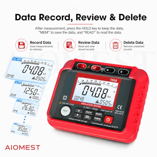 Isolationsmessgerät 1000V, AIOMEST ​​Isolationsprüfer Digital​​ 0,1MΩ-20GΩ Messgerät Isolationswiderstand mit 50V/100V/250V/500V/1000V Prüfspannung | Datenlogger, AC/DC Spannungsmesser(10V~600V)