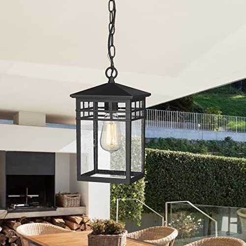 Diyel Outdoor Pendant Light Lanterns For Front Porch, Black Exterior Hanging Light Fixtures With Seeded Glass Shade For Patio, Entryway, Garage, Gazebo, Rz009-H Bk #TOP6