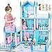 Produktbild Puppenhaus für Mädchen 2 3 4 5 6 7 8 Jahre alt - 3-Story 6 Zimmer Puppenhaus mit 4 Puppen Möbel Zubehör Licht und Spielmatte, DIY Pretend Traumhaus Geburtstag Spielzeug Geschenk für Kinder Kleinkind