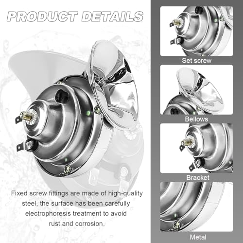 KVAEY Super Loud Car Snail Horns, 12V 300DB Durable Car Horn Kit, High Low Tone Universal Waterproof Car Air Electric Snail Horn, Vehicle Air Horn Replacement for Motorcycle Truck (Silver, 1 PCS) - Thumbnail 4