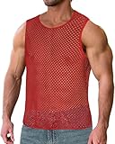 Men's See Through Tank Top Fitted Fishnet Mesh Shirt Muscle Cover Up(Red,L)