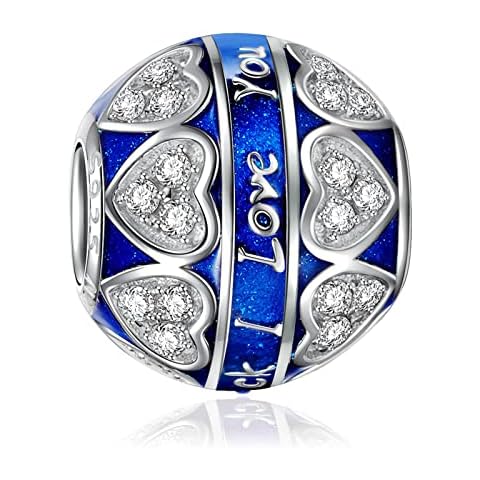 NINAQUEEN I Love You Charms for Pandora Bracelet & Necklace 925 Sterling Silver 5A Zirconia & Enamel Charm Beads with Jewellery Box Christmas Gifts for Mum Wife Girlfriend - Blue Cover